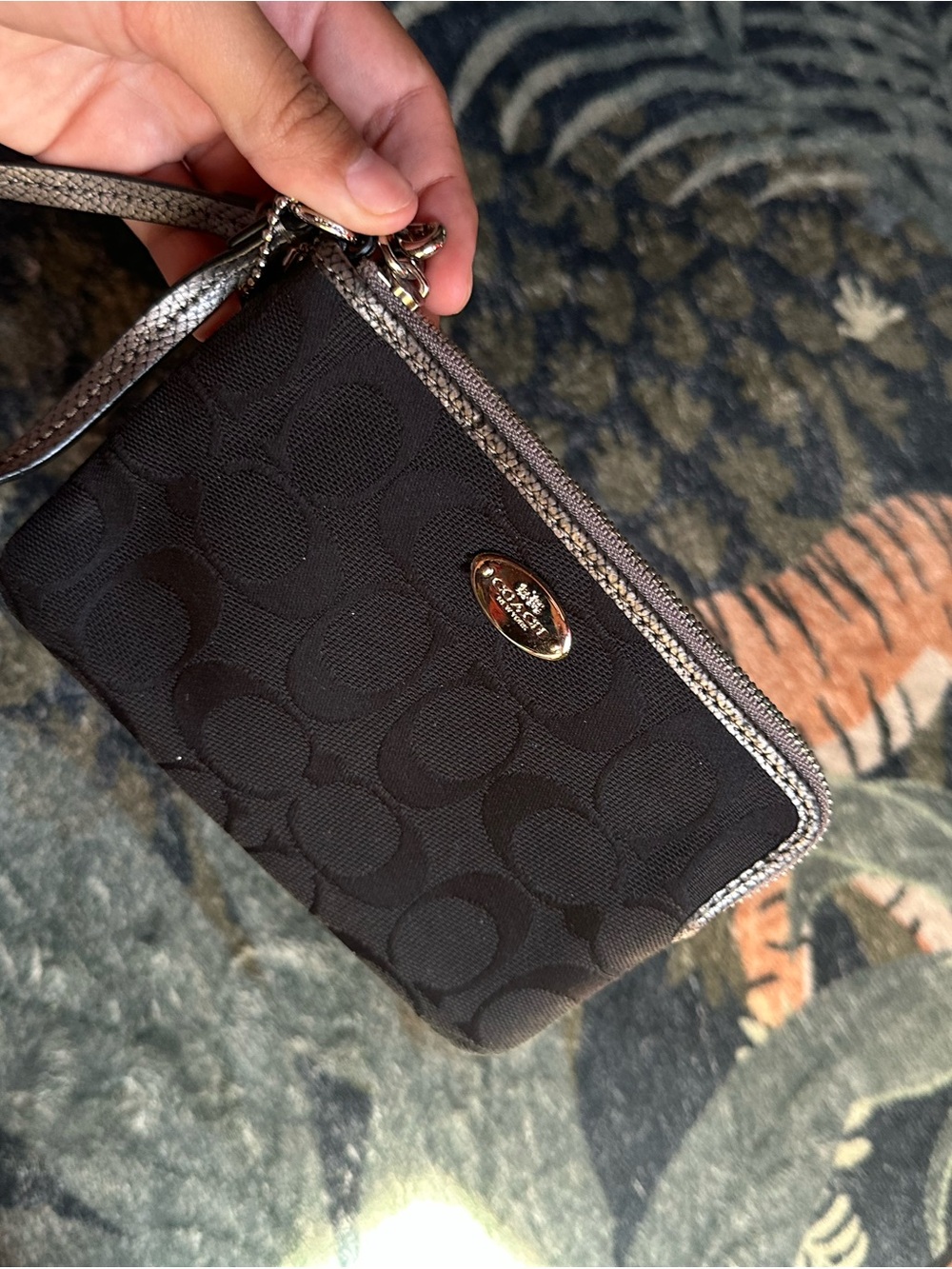 Coach Black Signature Wristlet with Metallic Silver Trim